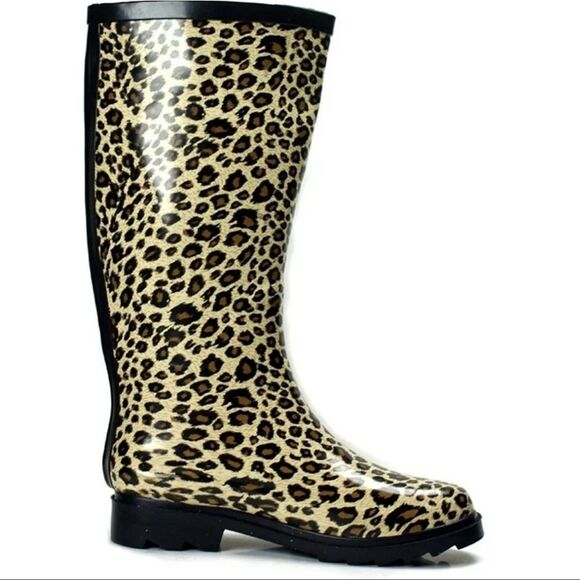 SHOE WOMEN'S MID CALF LEOPARD PRINT RAIN BOOTS WELLIES - Picture 1 of 12